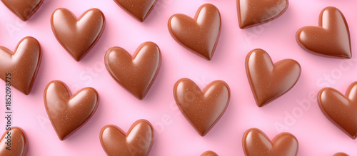 Chocolate hearts on a pink background.