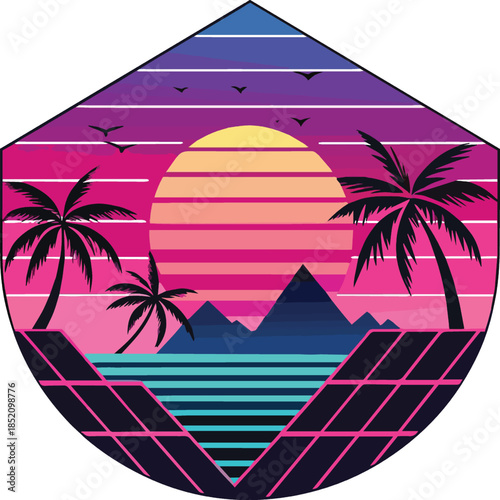 Retro futuristic landscape with palm trees and mountains isolated on white background