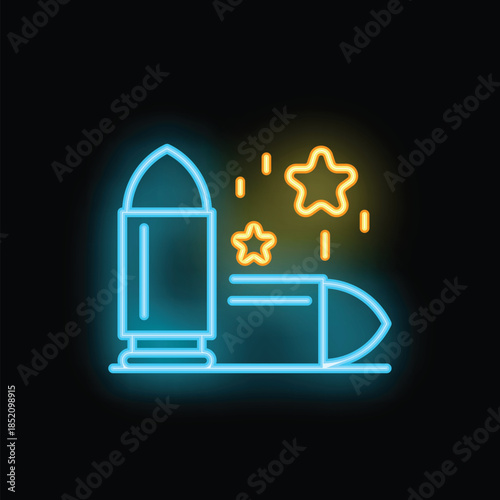Neon sign representing a bullet and its casing with stars glowing on a black background