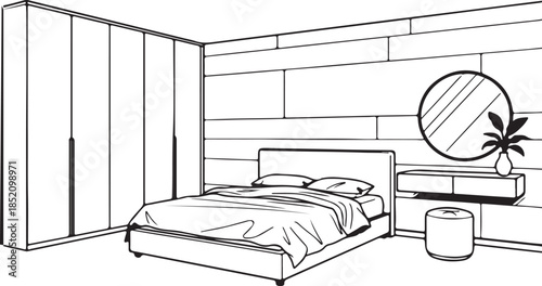  Bedroom interior design sketch with wardrobe bed and dressing table in black and white line art style minimalist home decor illustration