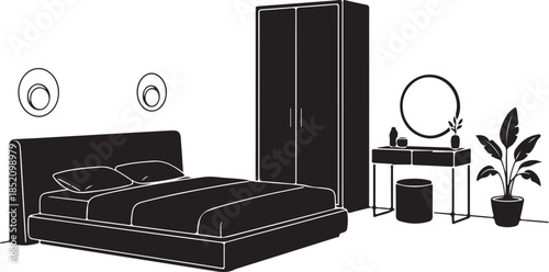  Bedroom interior design sketch with wardrobe bed and dressing table in black and white line art style minimalist home decor illustration