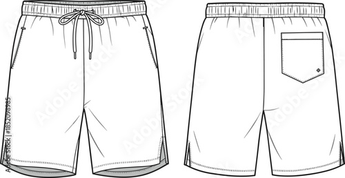 CAD drawing flat vector illustration of boardshorts with drawstring front and back view, technical fashion sketch apparel design template