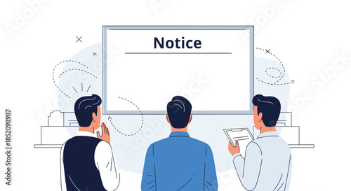 Group of businessmen standing together in front of a large blank notice board, ready for an important company announcement.