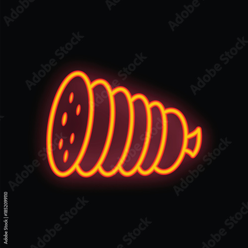 Neon sign of sliced salami glowing on a black background