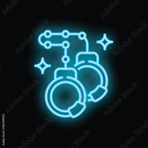 Blue neon sign representing handcuffs glowing on a wall