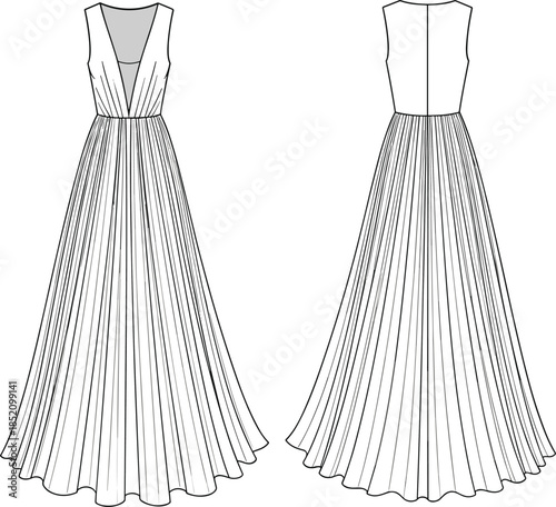 Cad drawing flat vector illustration of sleeveless pleated maxi dress with deep V-neck front, flared hem, technical fashion sketch