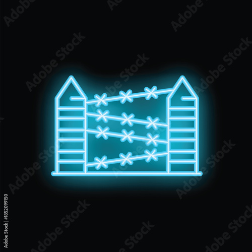 Neon icon of barbed wire fence glowing blue on black background
