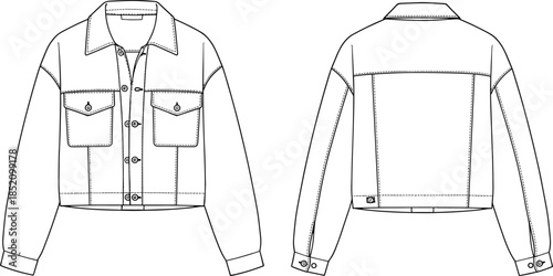 cad drawing flat vector illustration, denim jacket technical sketch, front back view fashion template, button pocket detail design