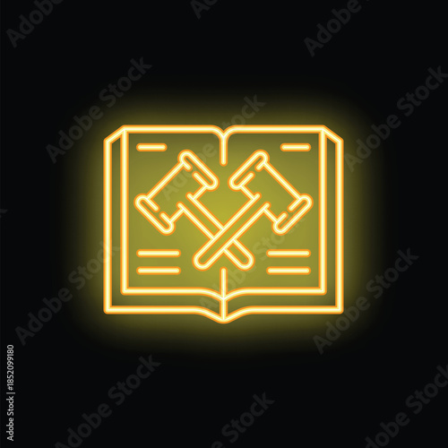 Neon icon of a law book with crossed gavels glowing yellow on a black background