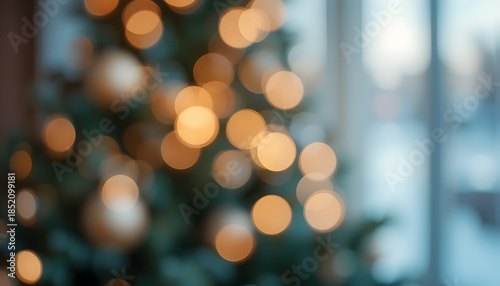 Blurry Christmas tree with warm golden lights in background