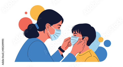 Caring mother gently putting a protective medical face mask on her young son to prevent virus infection during a pandemic.