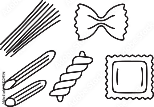 Collection of five different pasta shapes, depicted in a minimalist black outline doodle illustration style