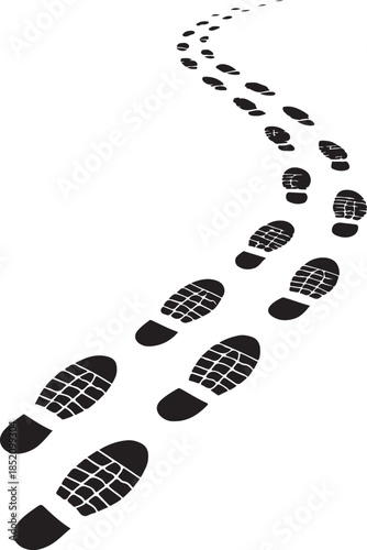 human footprints silhouette, walking path concept, black shoe sole prints fading into distance, perspective depth, isolated on white background