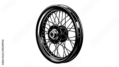 Detailed illustration of a classic spoked motorcycle wheel, showcasing its intricate design and vintage appeal.
