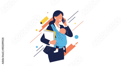 Multitasking business woman and mother balancing her career and family, holding her baby while talking on the phone.