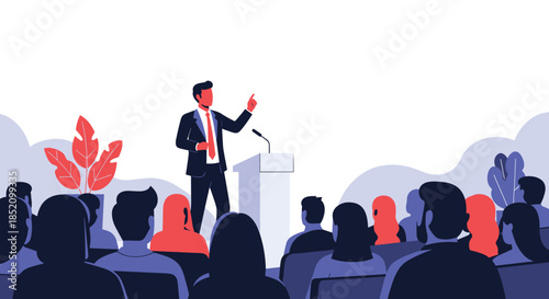 Confident businessman giving a speech at a podium to a diverse audience during a business conference, seminar, or presentation.