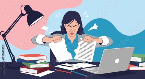 Angry and stressed businesswoman tearing up a document in frustration at her messy desk with a laptop and stacks of books.
