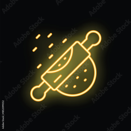 Yellow neon glowing symbol of rolling pin flattening dough for baking bread, pizza or other food