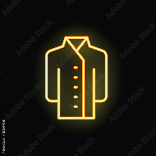 Bright yellow neon icon of a lab coat glowing on a black background