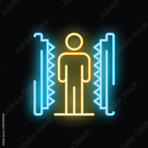 Neon icon of a person standing between two circular saw blades, a concept of danger