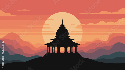 Temple Silhouette Landscape Scenery Against Sunrise Vector