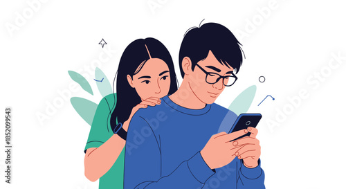 Curious young woman peeking over the shoulder of a man who is focused on using his smartphone, showing interest or suspicion.