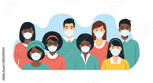 Diverse group of multicultural people standing together and wearing protective medical face masks during a global virus pandemic.