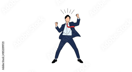 Excited businessman in a suit jumping in the air and clenching his fists to celebrate a major success or victory at work.