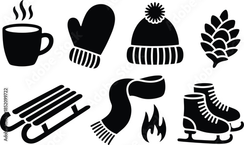 Title:
Black Silhouette Vector Icon Set of Winter Season Elements Including Hot Coffee Mug, Mittens, Beanie Hat, Pine Cone, Sled, Scarf, Campfire, and Ice Skates for Holiday Decorations Seasonal Graph