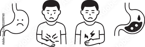 Indigestion icon set. Upset stomach. Stomachache. Digestive disorder