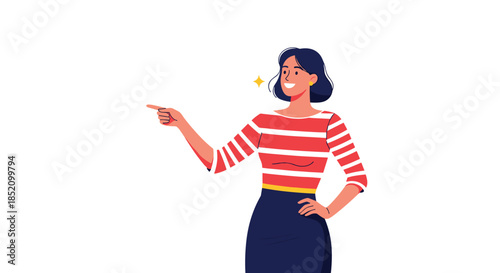 Happy and confident young woman with a friendly smile pointing her finger to the side to present or show something important.