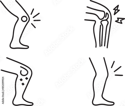 Pain in knee line icon set. Legs with joint pain, osteoporosis, knee injury.