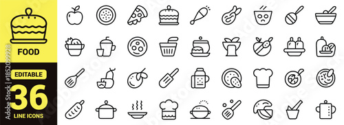 A collection of various outlined food and cooking related icons depicting meals ingredients and utensils