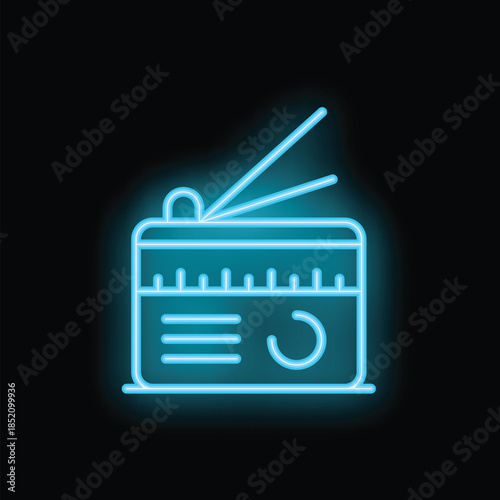 Blue neon icon of a radio broadcasting with an antenna on a black background