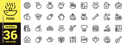A collection of minimalist line art icons depicting various foods beverages and kitchen utensils is displayed
