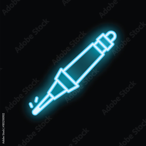 Blue neon icon of a soldering iron glowing against a black background