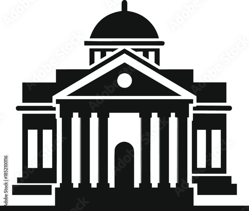 Black and white illustration of a classical building with columns isolated on white background