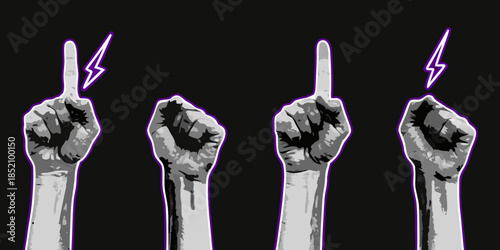 Four hands raised with index fingers pointing upwards illuminated by lightning bolts