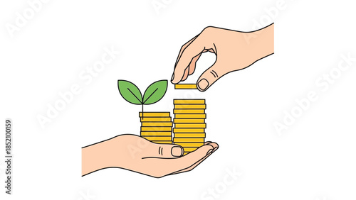 Illustration of hands adding to a stack of coins with a plant sprouting.
