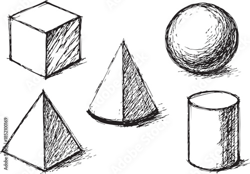 Set of five lout line art geometric shapes including a cube, sphere, pyramid, cone, and cylinder in a rough sketch style with black ink lines