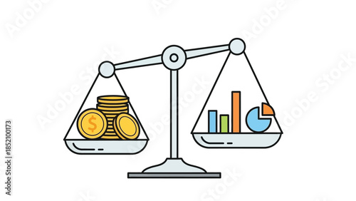 Financial balance scale with coins and charts on each side for comparison.