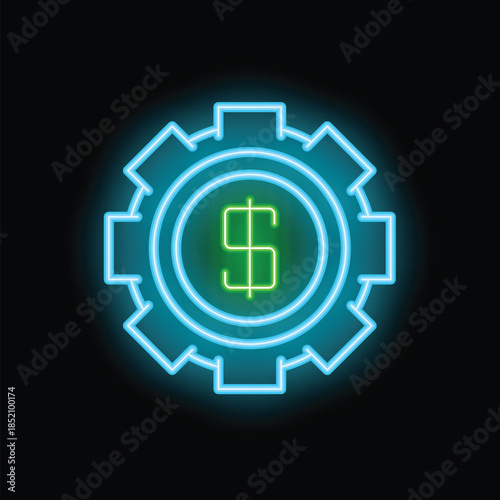 Neon glowing icon of a gear showing dollar currency sign, concept of money making machine