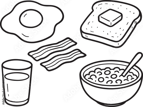 Set of hand-drawn breakfast food including a fried egg, toast with butter, bacon, milk, and cereal in a simple black and white line art style