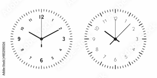 Two analog clocks displaying different times in a simple black and white design