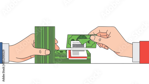 Person hands over stack of money and banknote to another person in business transaction.