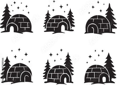  Six Igloo Silhouettes with Stars and Trees on White Background igloos snow house