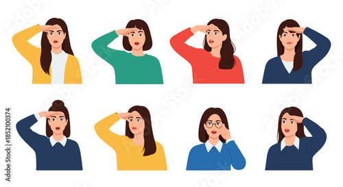 Set of eight diverse women looking into the distance with a hand on their forehead, searching for something or observing.