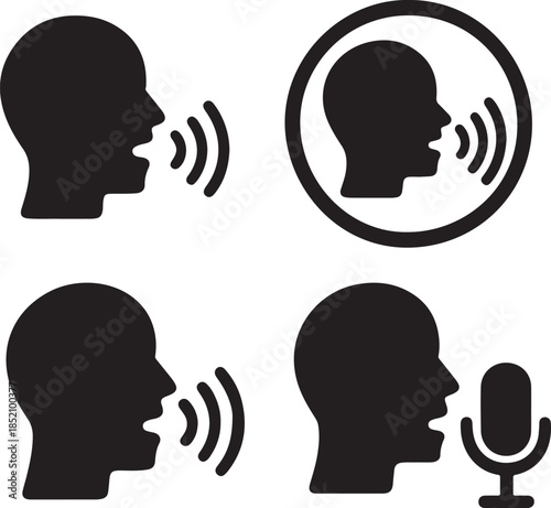 Speaking icon set. Talk person sign or symbol , man with open mouth and sound wave