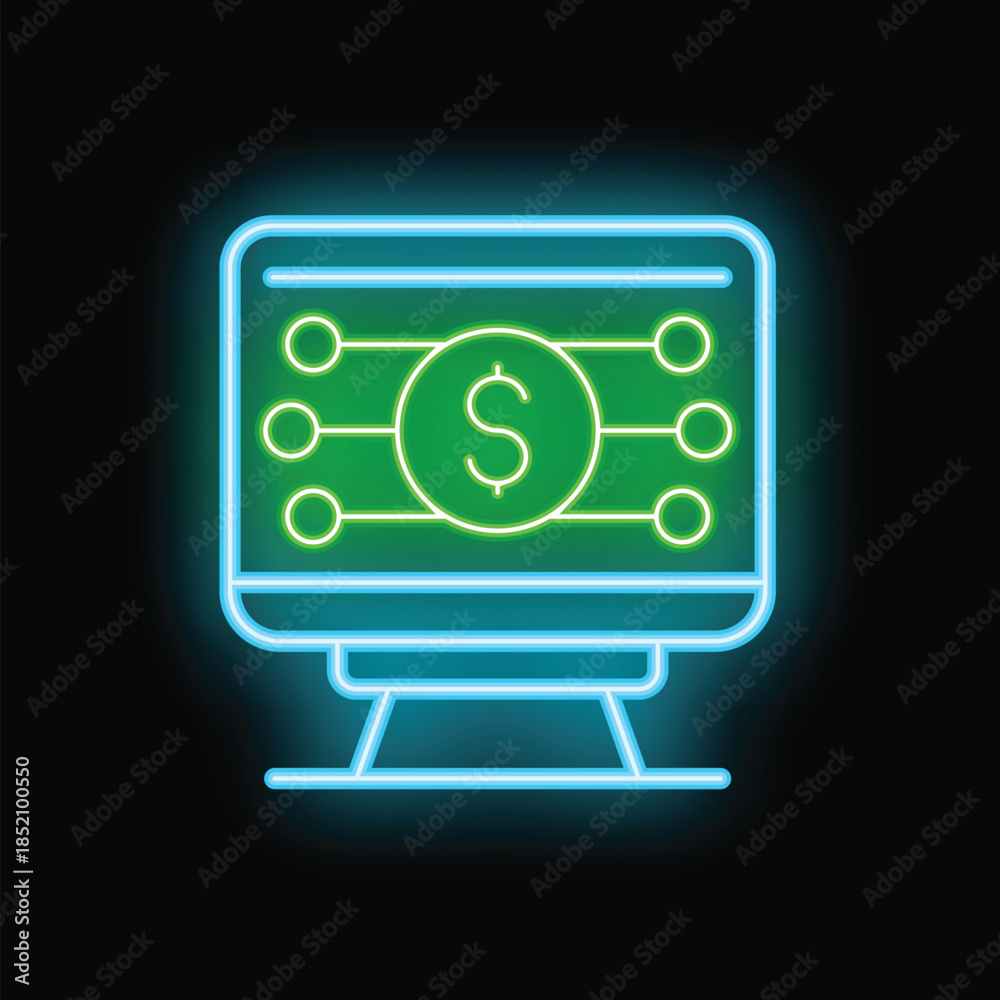 Obraz premium Neon icon of a computer screen displaying a dollar sign connected to nodes, representing online banking and financial technology