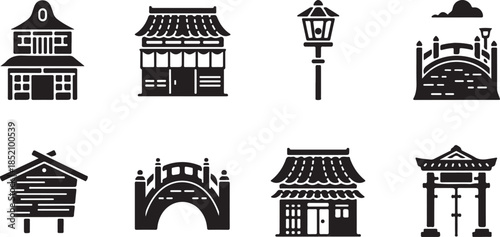 Collection of japanese architectural icons and elements